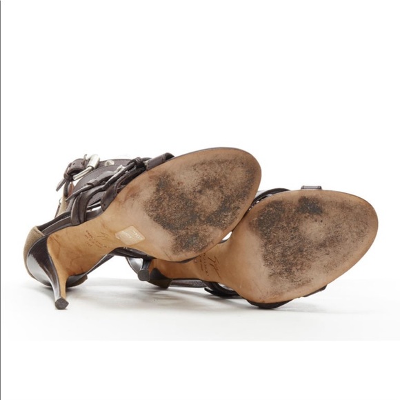 GIUSEPPE ZANOTTI dark brown strappy military green canvas high heel sandals - Picture 7 of 13